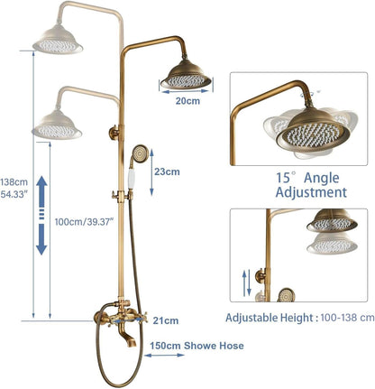 MOSSON Antique Brass Shower System Bathroom Shower Faucet Set with 8 Inch Shower Head Handheld Spray and 360 ° Rotation Tub Spout 2 Cross Handles Outdoor Shower Fixtures