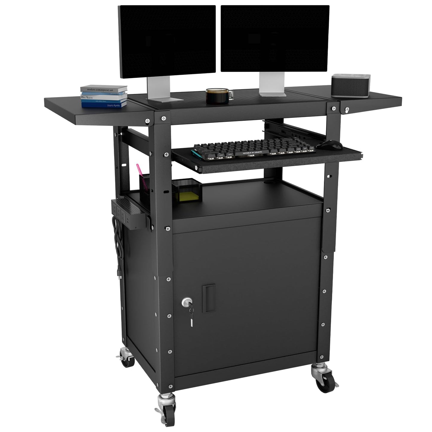 Mobile AV Cart with Pullout Keyboard Tray, Rolling Computer Cart Height Adjustable Rolling Media Utility Cart with Extra Storage Space, 4 Outlets, Perfect for Home or Office Use