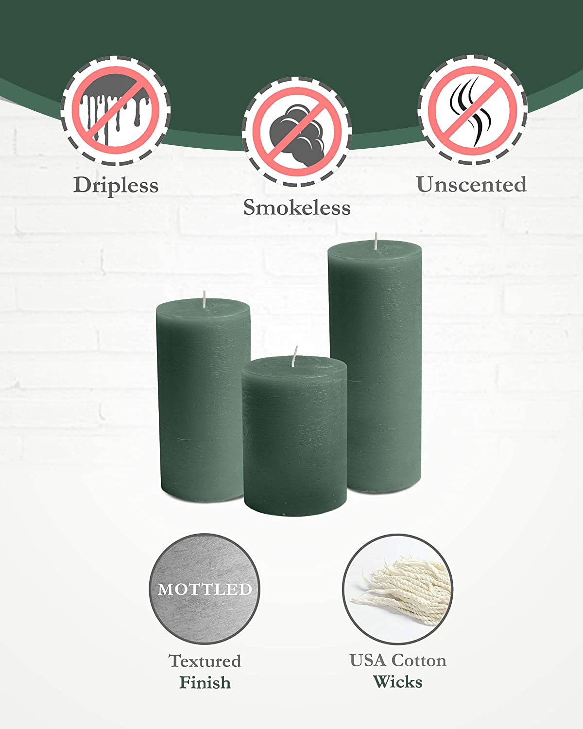 BASK Mottled Dark Green Pillar Candles - Unscented, Dripless, Smokeless Set of 3 for All Occasions