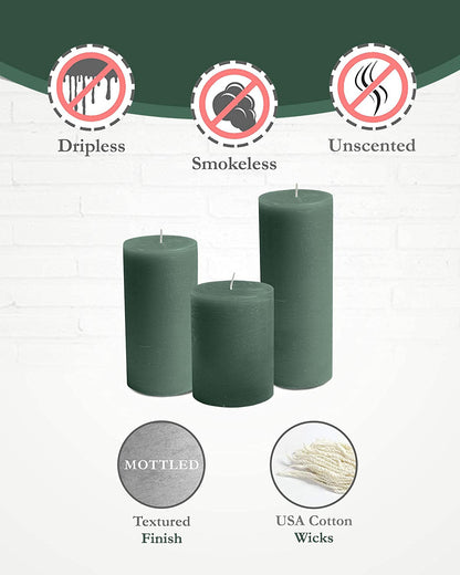 BASK Mottled Dark Green Pillar Candles - Unscented, Dripless, Smokeless Set of 3 for All Occasions