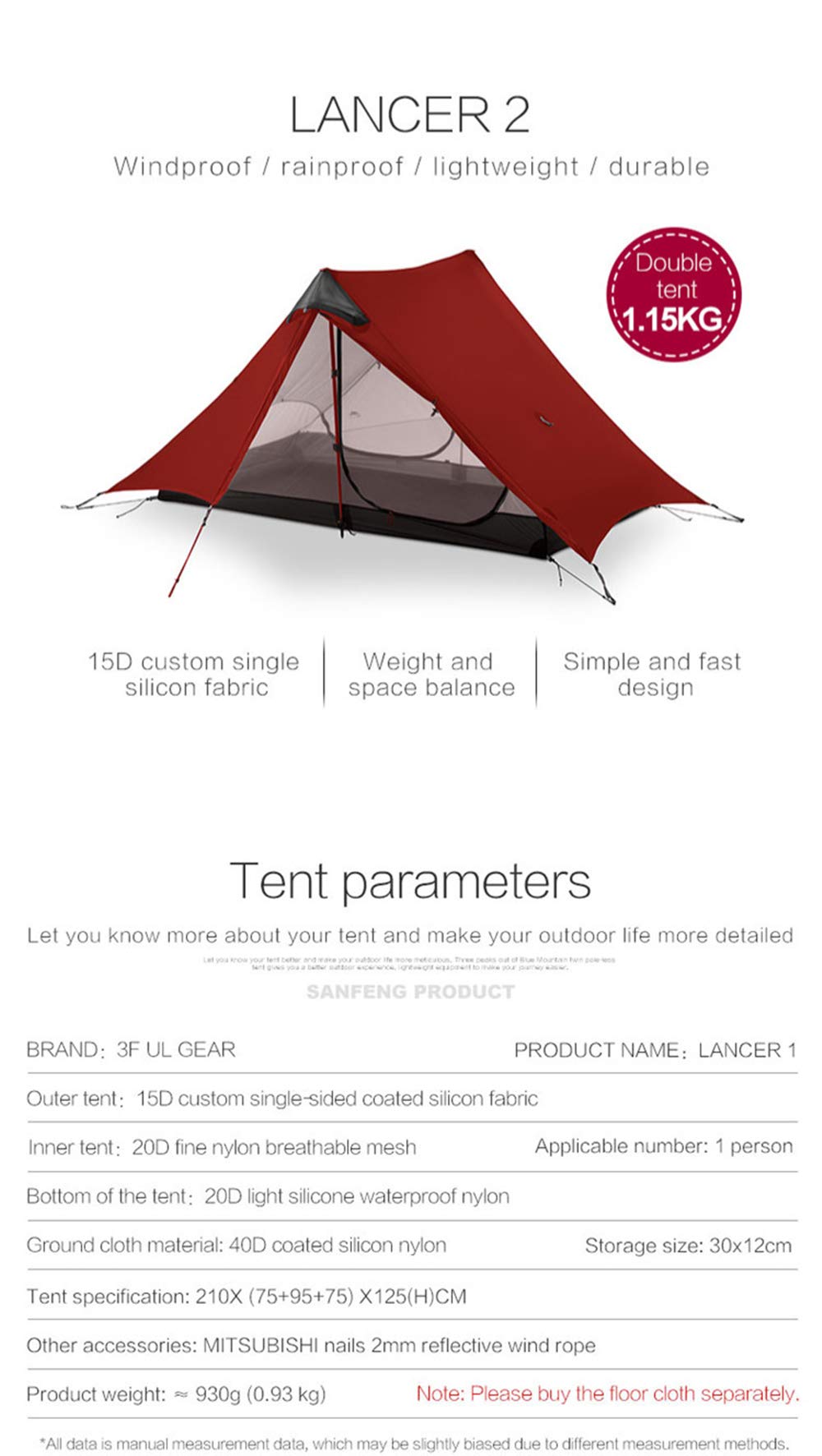 3F UL GEAR Lanshan 2 Person Tent Hiking Ultralight Camping Tent Professional 15D Silnylon Rodless Trekking Pole Tent Waterproof Backpacking Outdoor for Camping, Bivvy (2P Gray 4 Season)