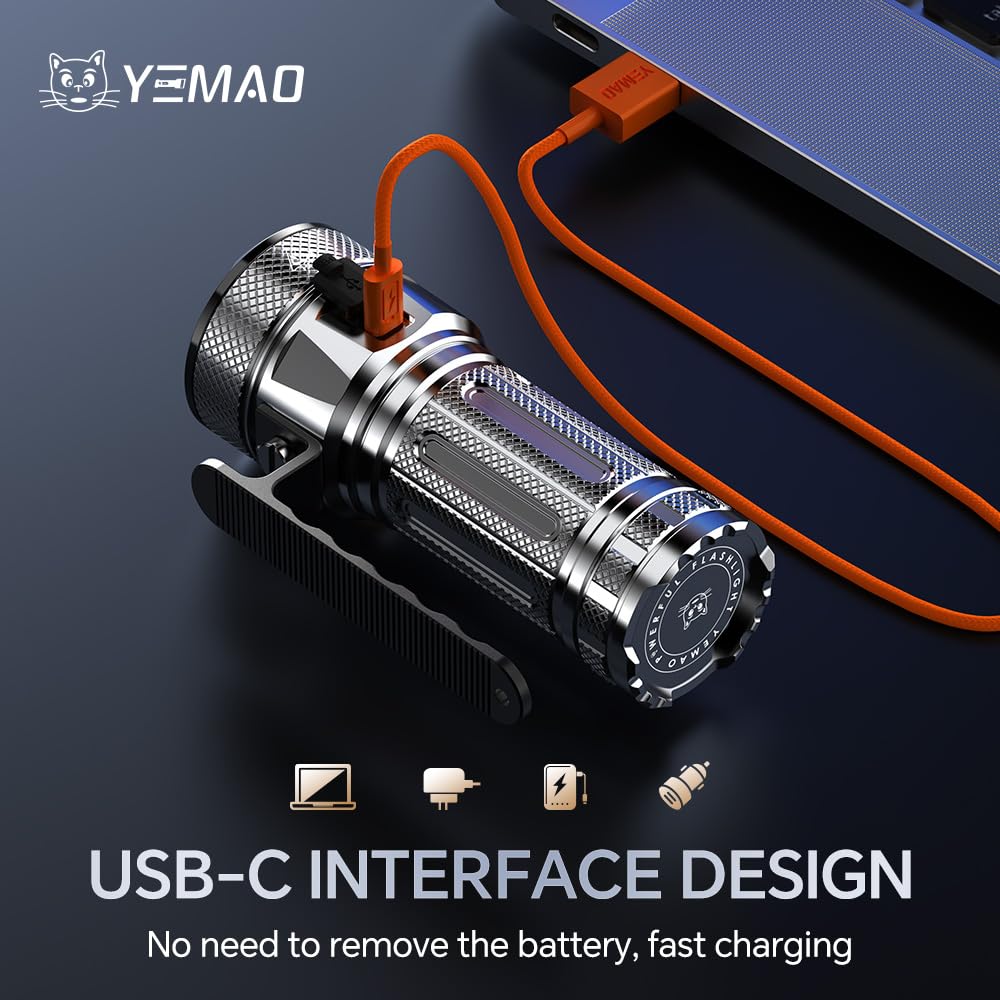 Yemao Rechargeable Flashlights 13800 High Lumens, Brightest Flashlight, Super Bright LED Flashlight Type C Charged, 5 Modes Long Lasting 63 Hours, for Emergencies, Camping, Outdoor, Caving