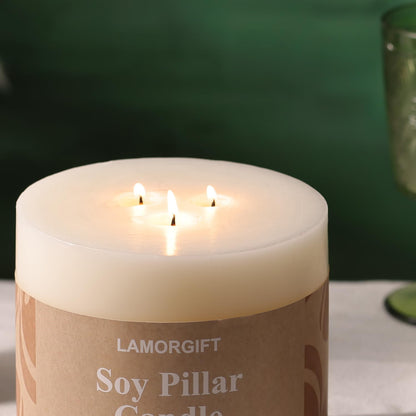 LAMORGIFT 3 Wick Soy Pillar Candle - 6x6” Extra Large Unscented White Pillar Candle, Hand-Poured Soy Wax Candle with Frosted Finish, Long Lasting Large Centerpiece Candle for Home Decor & Weddings