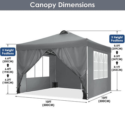 COBIZI Canopy 10x10 Pop Up Canopy Tent with 4 Sidewalls, One Push Party Tents for Parties Outdoor Wedding Waterproof Gazebo Commercial Event Tent with Sandbags, Pigeon Grey