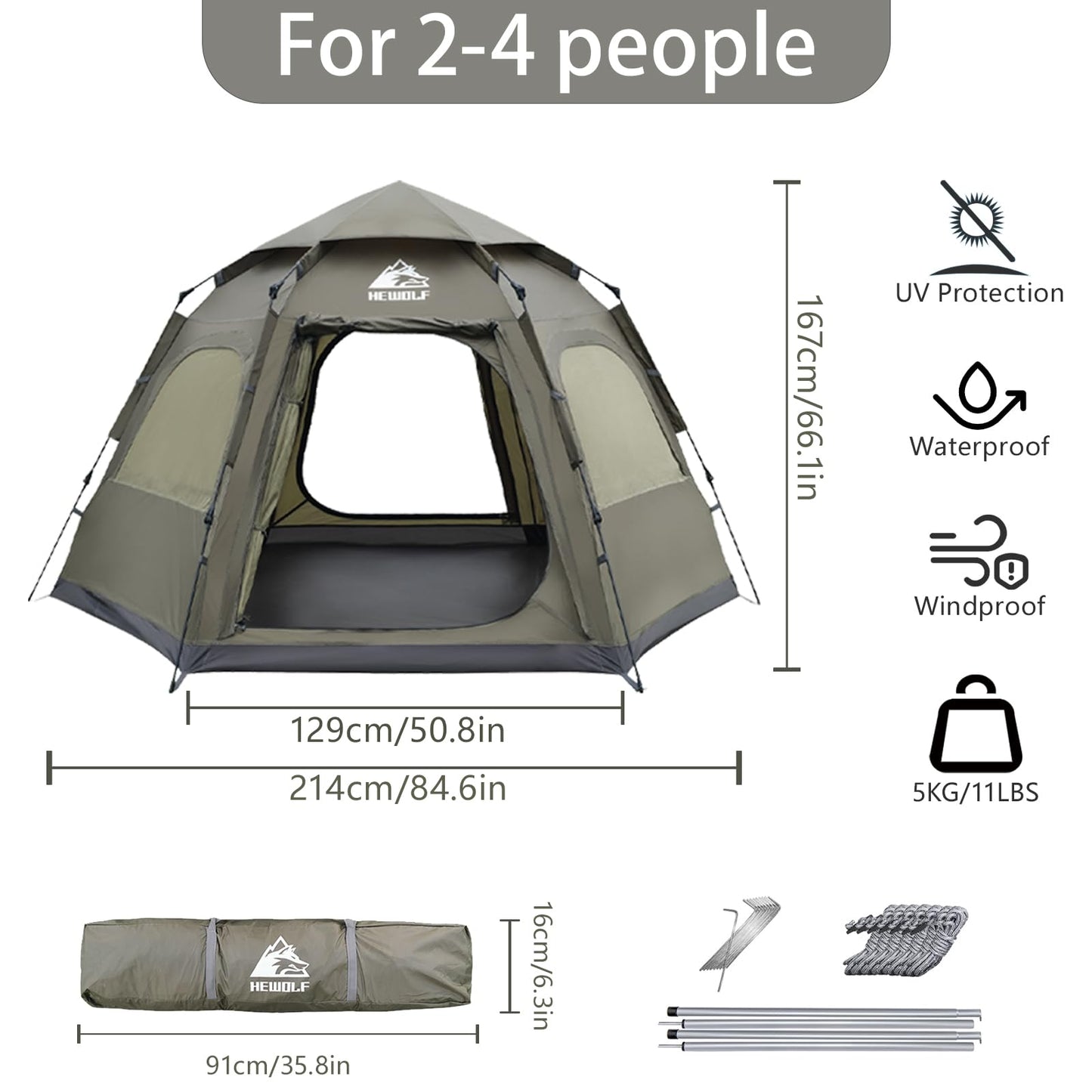 Hewolf 2/3/4 Person Camping Tent - Instant Pop Up Waterproof 2 Doors Tent with Easy Setup | 3-Season Hexagonal Dome Design for Family, Hiking & Traveling (Green)