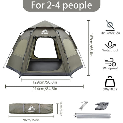 Hewolf 2/3/4 Person Camping Tent - Instant Pop Up Waterproof 2 Doors Tent with Easy Setup | 3-Season Hexagonal Dome Design for Family, Hiking & Traveling (Green)