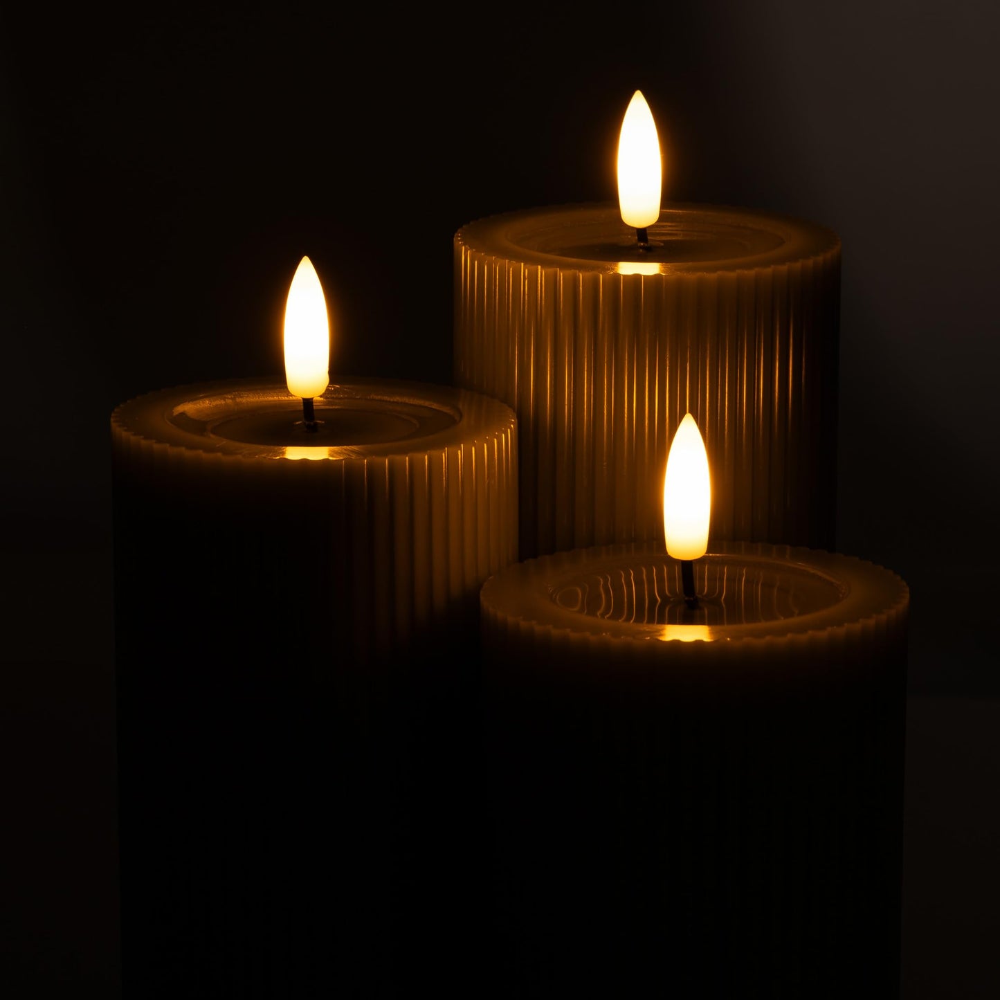 WYZworks Ribbed Fluted Real Wax Flameless LED Pillar Candles, Loden Sage Olive Green, Melted-Wax Top Look, Flickering Flame, Battery Operated, Remote & Timer, Shelf & Wedding Decor (Set of 3)