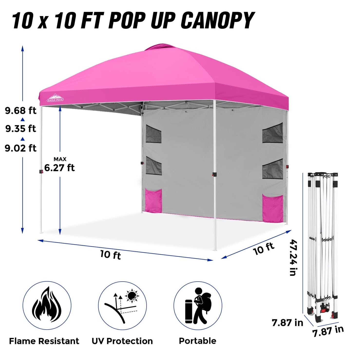 EAGLE PEAK Commercial Canopy 10x10 with Sidewall Storage, Easy OnePerson Setup Pop Up Canopy Tent with Roller Bag, Stakes, Ropes, and Weight Bags, Pink