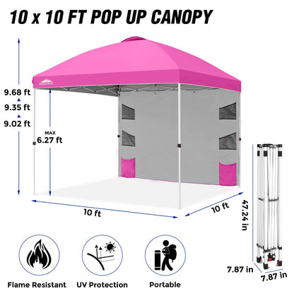 EAGLE PEAK Commercial Canopy 10x10 with Sidewall Storage, Easy OnePerson Setup Pop Up Canopy Tent with Roller Bag, Stakes, Ropes, and Weight Bags, Pink