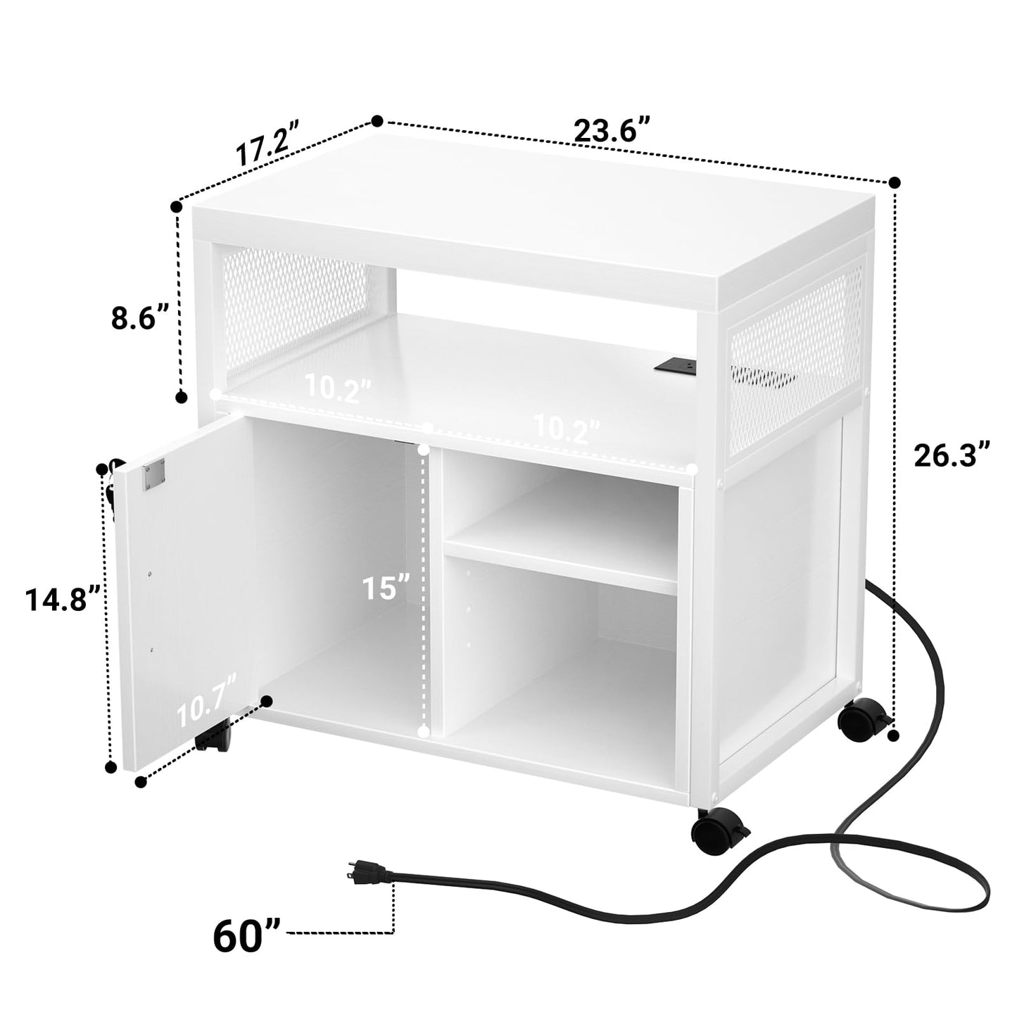Unikito Rolling File Cabinet Lateral Office Filing Cabinets with Socket and USB Charging Port, Modern Printer Stand on Wheels, Printer Cabinet with Door and Open Storage, Lockable, White