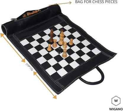 19X15 Genuine Leather Chess Set (Chess Size-12X12) - with 3 King Size Chess Pieces &amp Roll-Up Leather Chess Board (Black)
