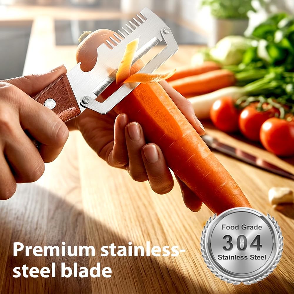 Skiennix Premium Vegetable Peeler - Multi-Functional Kitchen Tool with Wooden Handle & Bottle Opener