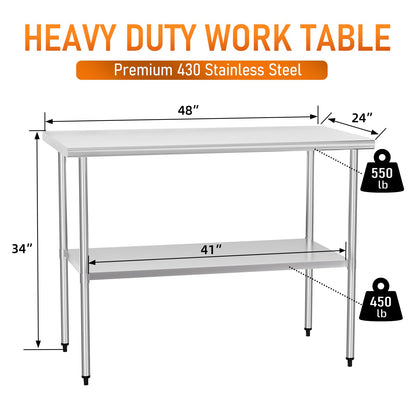Stainless Steel Table for Food Prep & Work 24 x 48 inches Utility Table with Adjustable Undershelf, Commercial Workstation in Kitchen, Garage, Outdoor BBQ