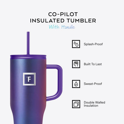 IRON °FLASK Co-Pilot Insulated Mug w/Straw & Flip Cap Lids - Cup Holder Bottle for Hot, Cold Drink - Leak-Proof - Water, Coffee Portable Travel Mug - Aurora, 32 Oz