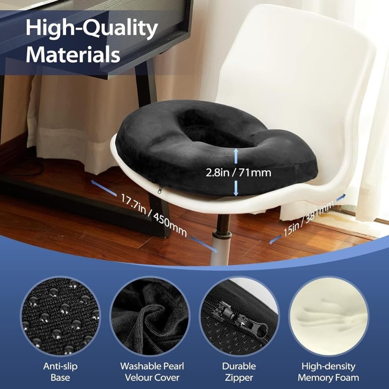 Persacom Donut Pillow Seat Cushion - Memory Foam Seat Chair Cushion for Tailbone Pain Relief, Postpartum Pregnancy and Hemorrhoids Donut Chair Lifting Cushions for Men and Women Home & Office (Black)