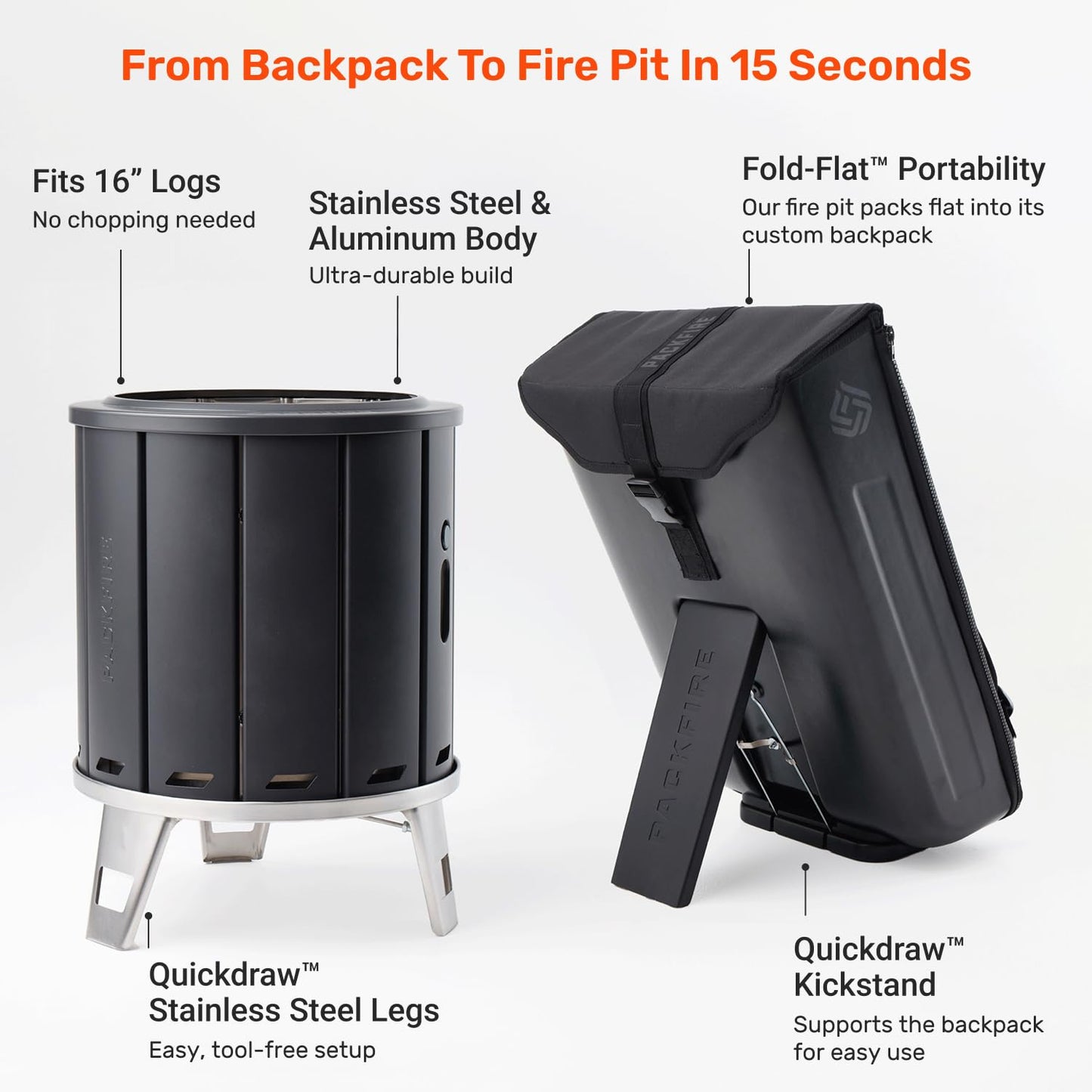 PACKFIRE 17” Portable Fire Pit for Camping - Collapsible & Folds Flat into Packable Carrying Case - Smokeless, Stainless Steel - Size Compares to Bonfire 19 - Perfect for Car, Overland Camping or RV