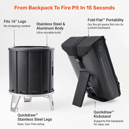 PACKFIRE 17” Portable Fire Pit for Camping - Collapsible & Folds Flat into Packable Carrying Case - Smokeless, Stainless Steel - Size Compares to Bonfire 19 - Perfect for Car, Overland Camping or RV