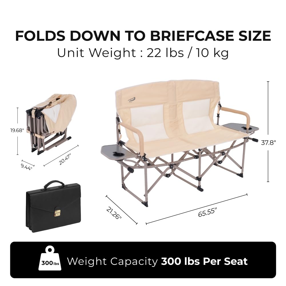 Camphor Designs Oversized Double Portable Folding Director’s Loveseat Chair with Padded Backrest, Side Table | Outdoor Sports, Beach, Lawn, Hunting, Tailgating, Fishing| Supports 300 Lbs/Seat