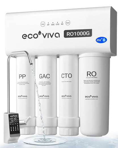 Ecoviva 1000GPD UnderSink Reverse Osmosis System, German Design, NSF/ANSI 58 61 372 Tankless 9-Stage 3:1 Pure to Drain, 10 Years Robust Alkaline RO Water Filtration, Fully Sealed