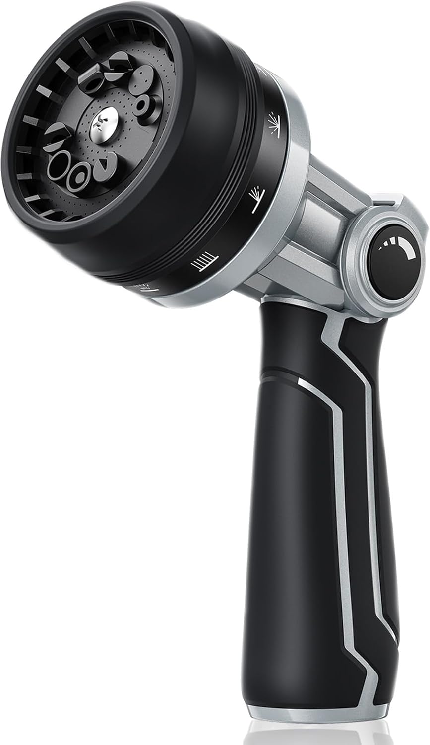 RAINPOINT Full-Metal Garden Hose Nozzle - Heavy Duty Sprayer with 10 Adjustable Patterns & Thumb Control | Black