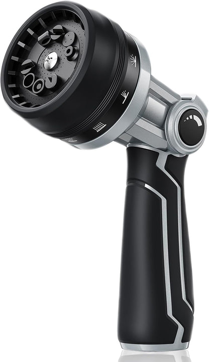 RAINPOINT Full-Metal Garden Hose Nozzle - Heavy Duty Sprayer with 10 Adjustable Patterns & Thumb Control | Black