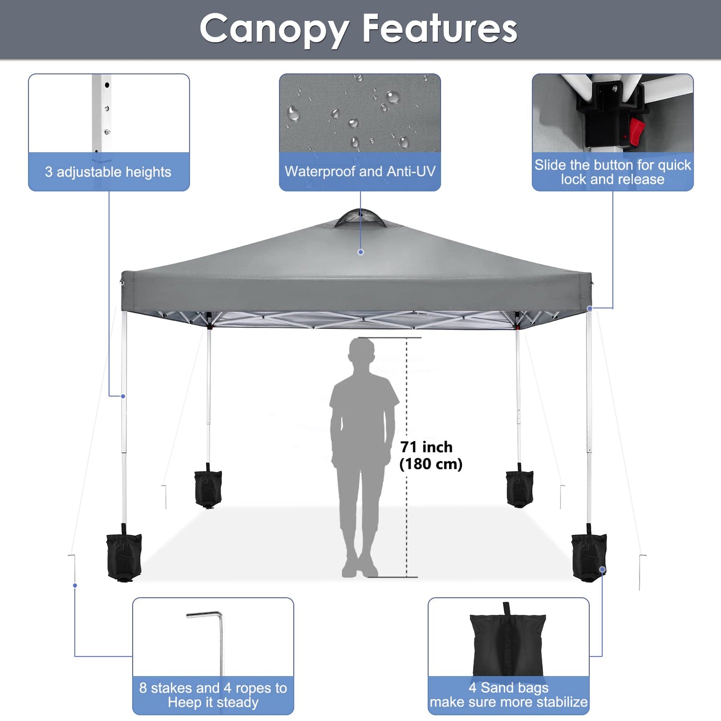 COBIZI Canopy 10x10 Pop Up Canopy Tent with 4 Sidewalls, One Push Party Tents for Parties Outdoor Wedding Waterproof Gazebo Commercial Event Tent with Sandbags, Pigeon Grey