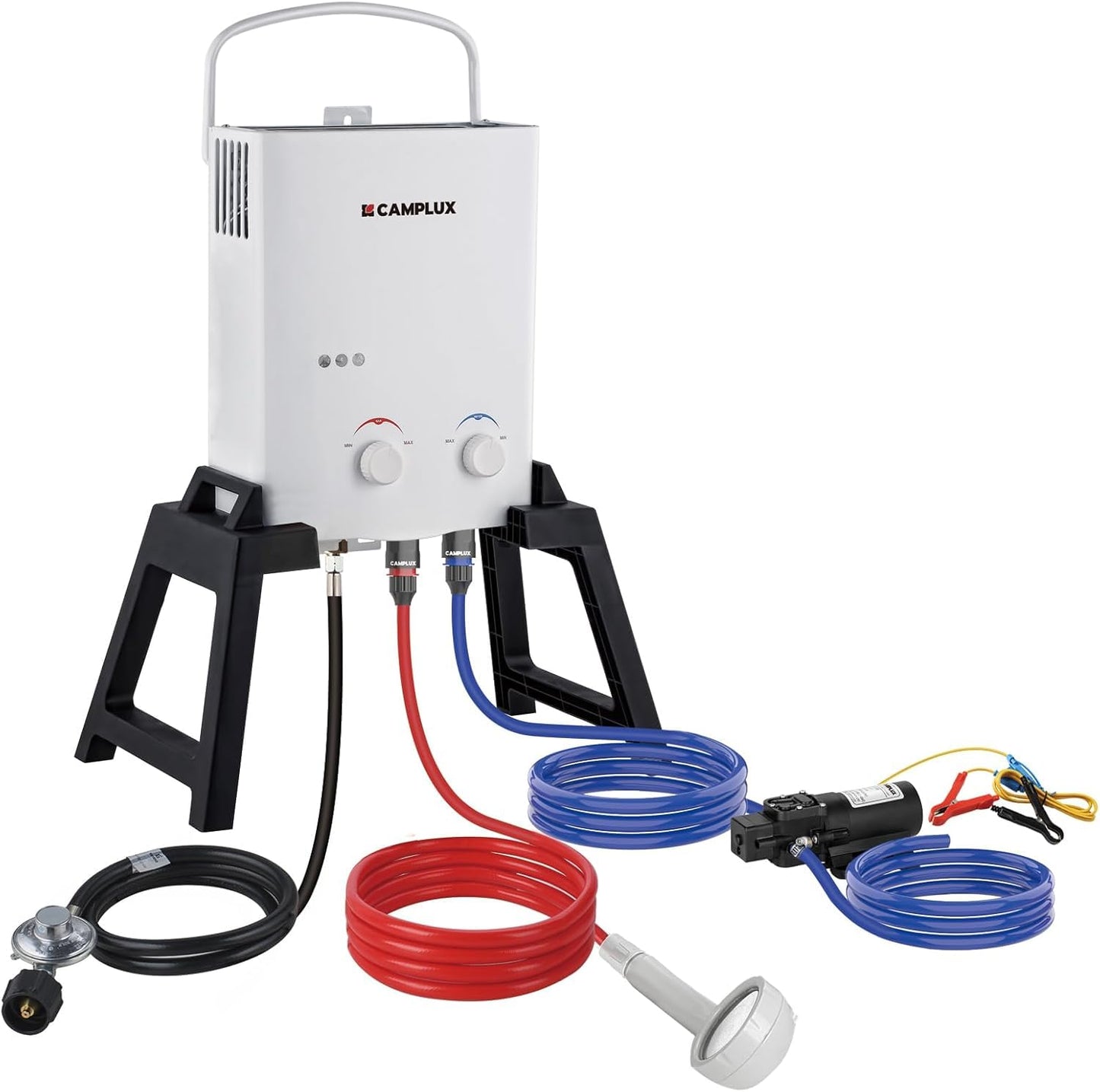 CAMPLUX Outdoor Portable Propane Caming Water Heater 1.32 GPM with Pump Pack Kits, Freestanding Stand & Carry Bag, AY132Max, White