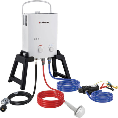 CAMPLUX Outdoor Portable Propane Caming Water Heater 1.32 GPM with Pump Pack Kits, Freestanding Stand & Carry Bag, AY132Max, White