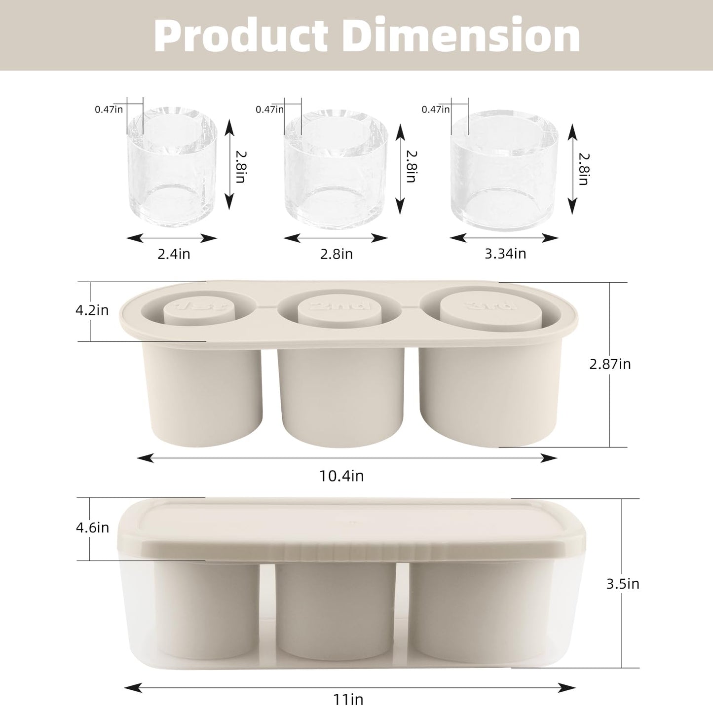 Tcamp Tumbler Ice Mold, Ice Cube Tray for 30 oz -40 oz Tumbler Cup, 3 Pcs Silicone Hollow Cylinder Ice Mold with Lid and Bin for Freezer, Ice Drink, Juice, Whiskey, Cocktail (White)