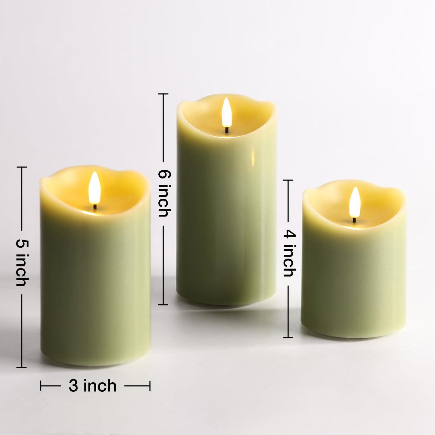 Eywamage Sage Green Flameless Pillar Candles with Remote, Flickering LED Wax Candles Battery Operated Spring Home Decor Set of 3