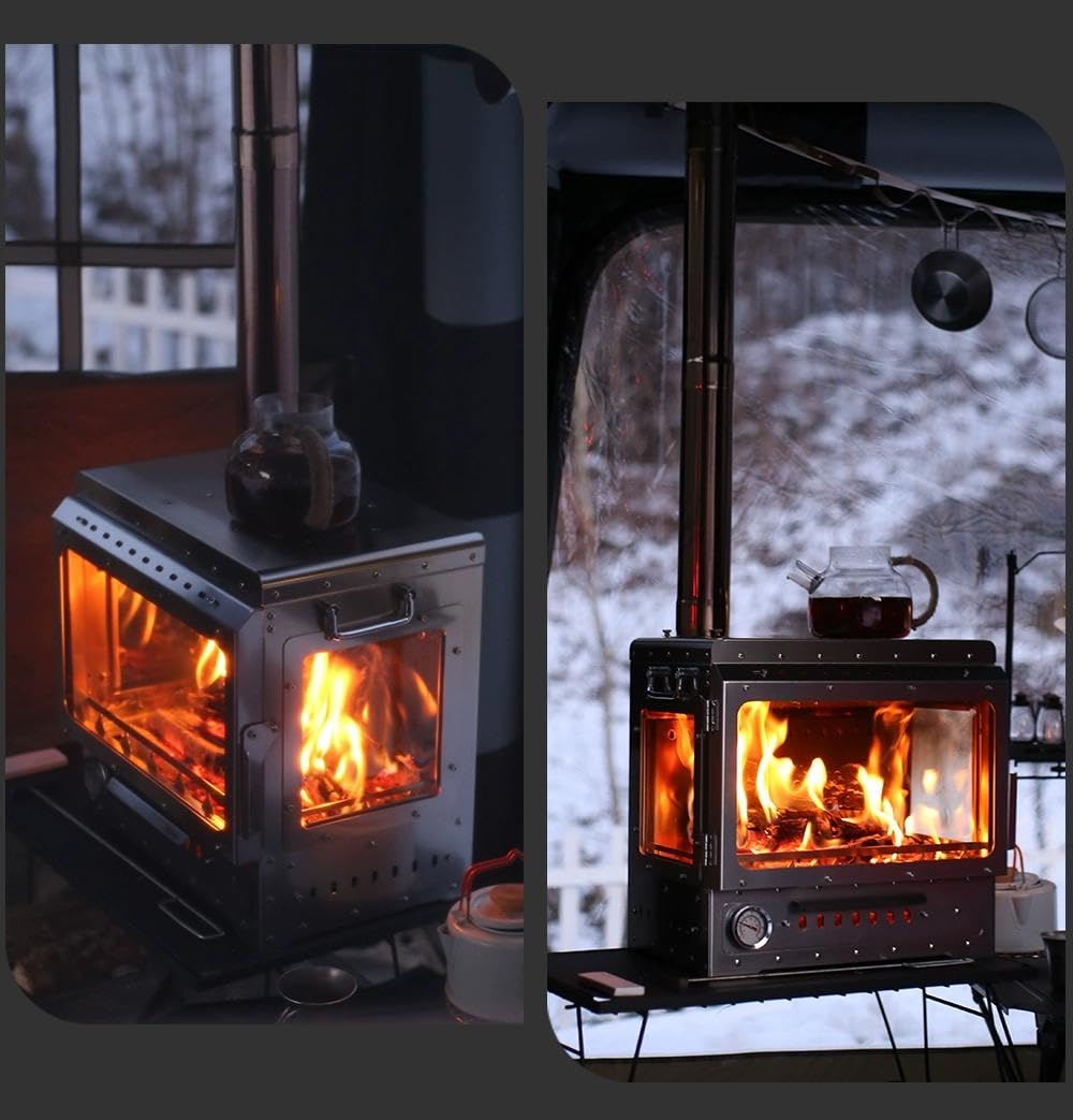 Outdoor Camping Wood Burning Stove,Hot Tent Stove,Stainless Steel,Chimney,Three Sided Heat Resistant Glass,for Camping Heating and Cooking