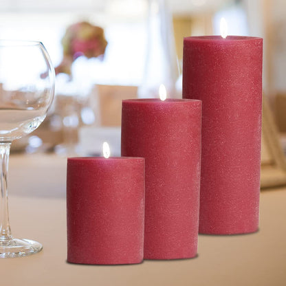BASK Mottled Pillar Candles - Unscented Burgundy Candles Set of 3 - Dripless, Smokeless for All Occasions