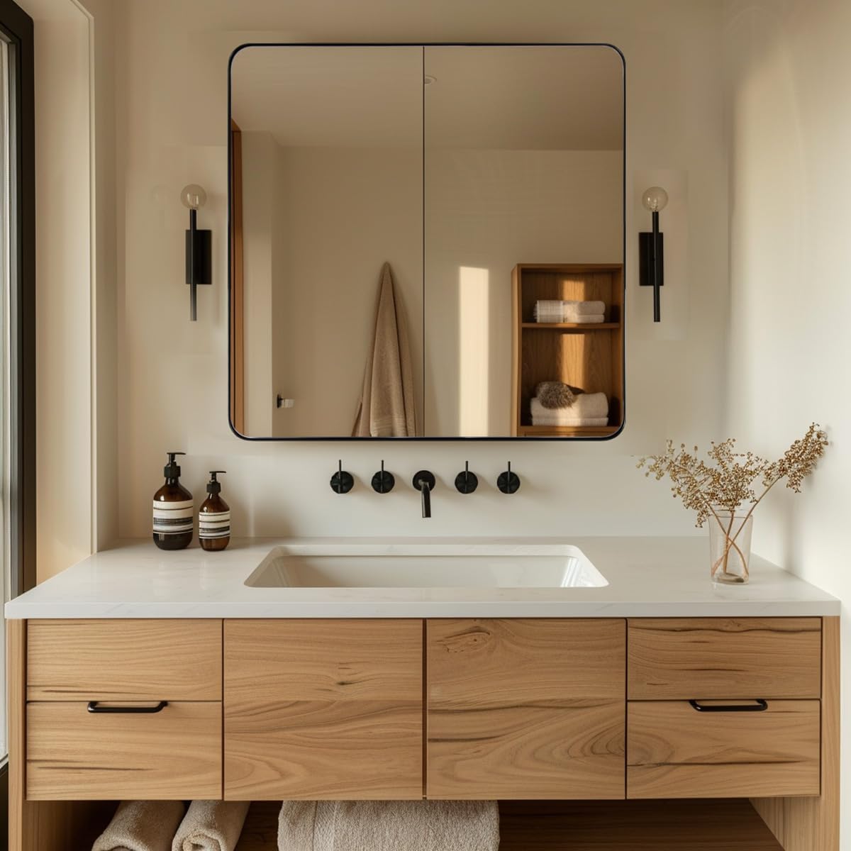 ANDY STAR Square Bathroom Mirror - 24”x24” Matte Black Metal Design with Rounded Corners | Versatile Hanging Options