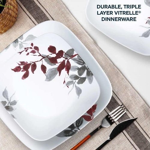 Corelle Kyoto Leaves Dinnerware Set - 16pc Service for 4 | Chip & Break Resistant White Plates & Bowls