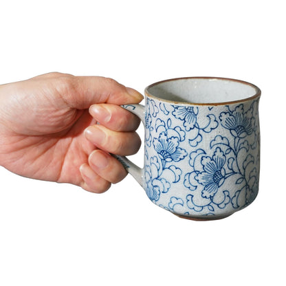 Nostalgic Mino Ware Ceramic Sometsuke Small Mug Cup - Japanese Crafted, Floral Pattern, Comfort Grip Handle, For Coffee and Green Tea or Soup, Matcha Tea, Gift Box Included (Arabesque)