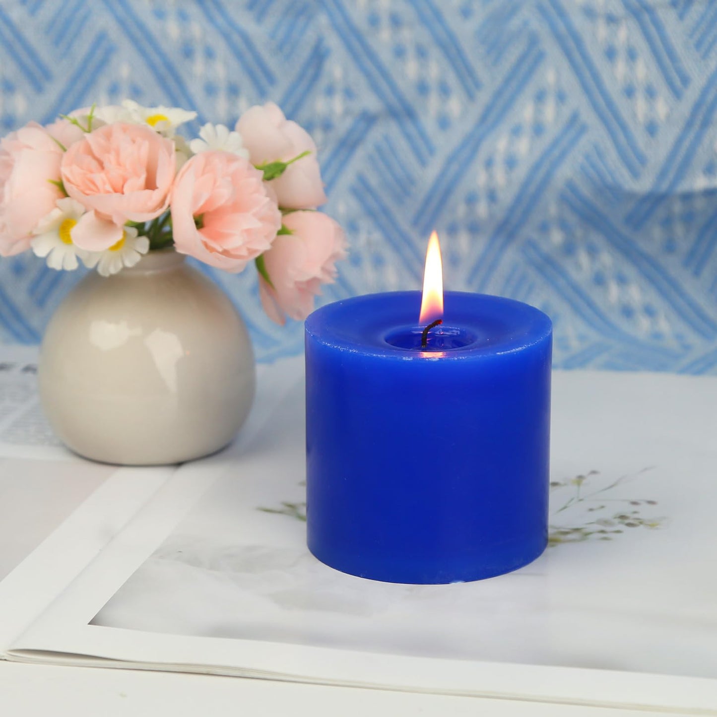 3 Pack Unscented Royal Blue Pillar Candles, 40 Hour 3x3 Inch Dripless Tapered Fat Column Cylinder Candles for Valentine's Day Home Party Holidays