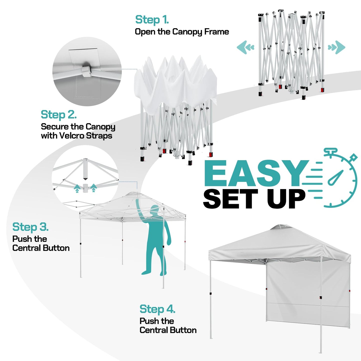 UEAKPIC 10x10 Pop Up Canopy with Sidewall, Instant Portable Outdoor Tent, UPF 50+, Waterproof, Adjustable White Sun Shelter with Vented Roof for Party, 1 Wheel Bag, 8 Stakes, 4 Ropes, 4 Sandbags