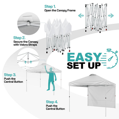 UEAKPIC 10x10 Pop Up Canopy with Sidewall, Instant Portable Outdoor Tent, UPF 50+, Waterproof, Adjustable White Sun Shelter with Vented Roof for Party, 1 Wheel Bag, 8 Stakes, 4 Ropes, 4 Sandbags
