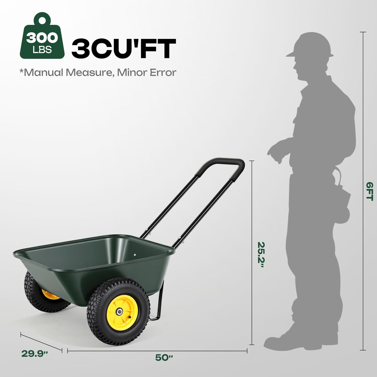 Ultym 2 Wheel Wheelbarrow, Dual-Wheel Garden Dump Cart with 10" Non-Slip Pneumatic Tires & Ergonomic Padded Handle, Heavy-Duty Home Utility Yard Cart Wagon with 3 Cu Ft Capacity for Lawn, Gardening