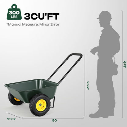 Ultym 2 Wheel Wheelbarrow, Dual-Wheel Garden Dump Cart with 10" Non-Slip Pneumatic Tires & Ergonomic Padded Handle, Heavy-Duty Home Utility Yard Cart Wagon with 3 Cu Ft Capacity for Lawn, Gardening