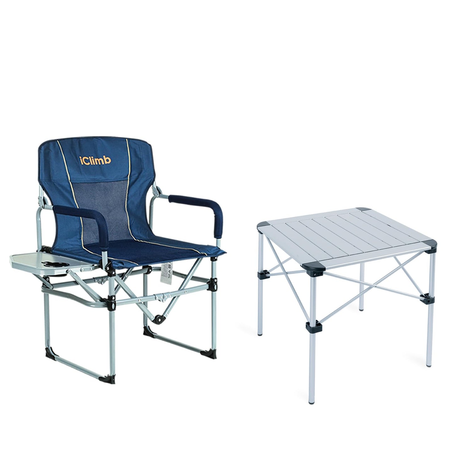iClimb 1 Stable Square Table and 1 Heavy Duty Compact Folding Chair Bundle for Adults Outdoor Camping Glamping Concert Beach Backyard RV Travelling