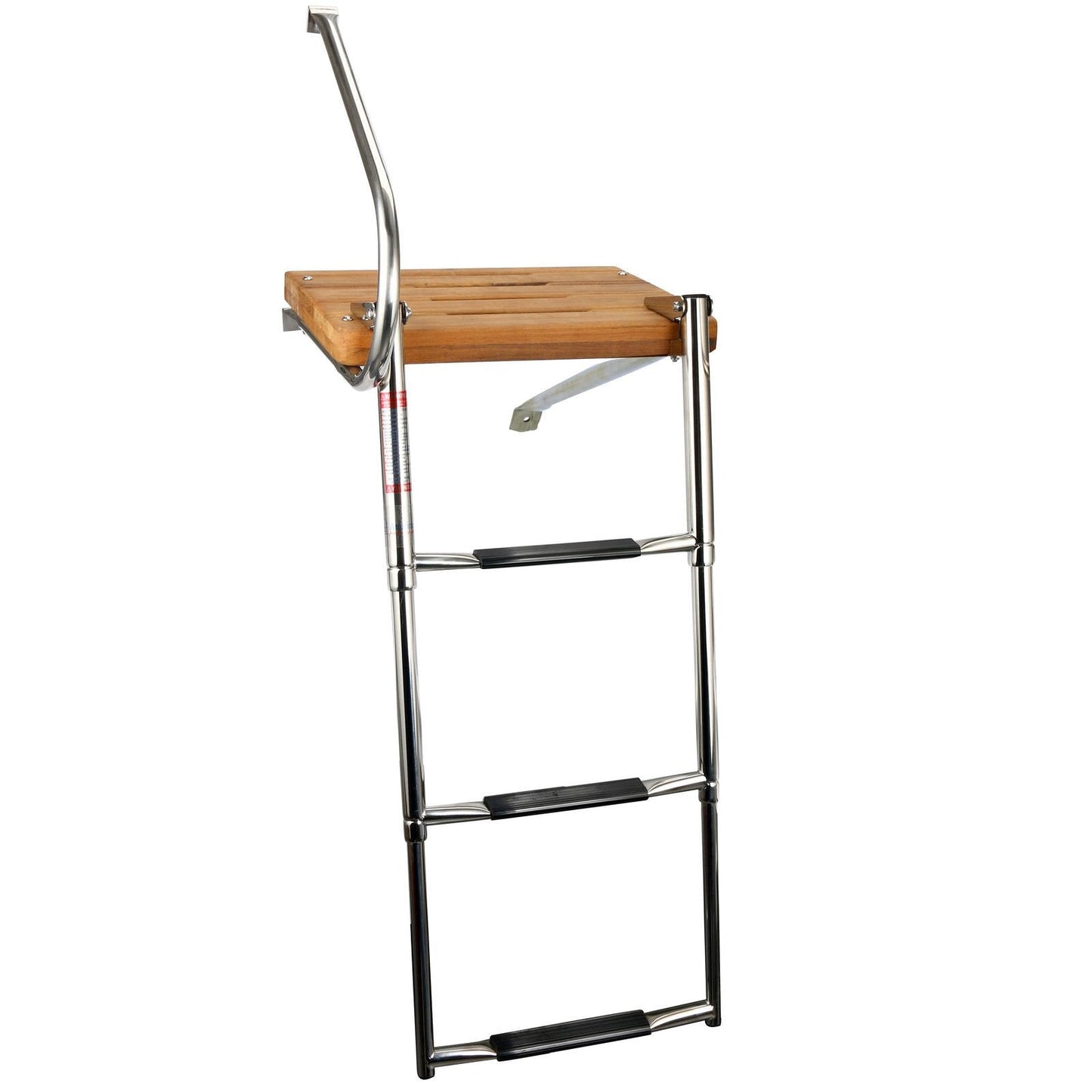 Amarine Made Boat Outboard Universal Teak Wooden Swim Platform Under Mount Fold Down 3 Step Stainless Steel Ladder with Single Handrail 250 lbs Capacity-with Screws
