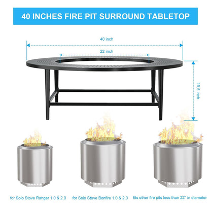 LS'BABQ 40" Fire Pit Surround Tabletop with Waterproof Cover for Solo Stove Bonfire & Ranger, Round Outdoor Fire Pit Table for Most Wood-Burning Stoves Under 22" Dia for Camping, Powder-Coated Steel