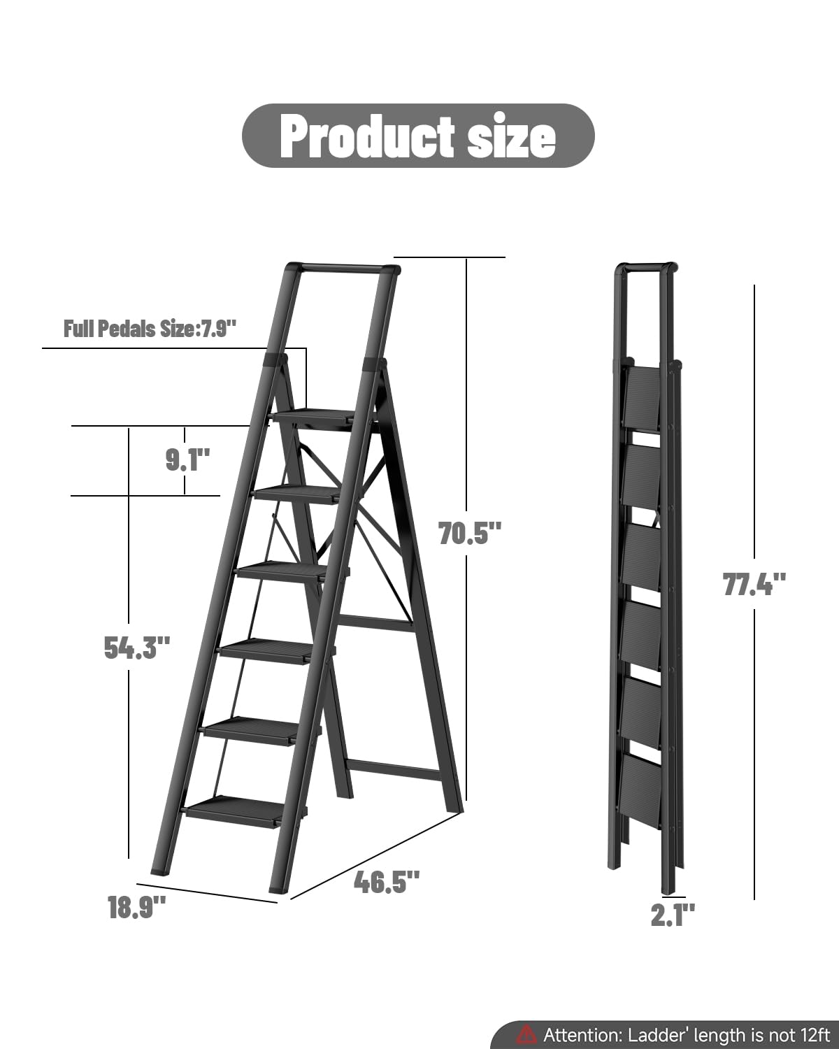 SOLADDER 6 Step Ladder for 12 Feet High Ceiling, Folding Step Stool with Handgrip & Anti-Slip Wide Pedal, Portable Lightweight Aluminum Stepladder for Kitchen, Home (300 lbs Capacity) - Black