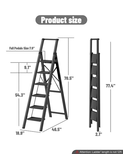 SOLADDER 6 Step Ladder for 12 Feet High Ceiling, Folding Step Stool with Handgrip & Anti-Slip Wide Pedal, Portable Lightweight Aluminum Stepladder for Kitchen, Home (300 lbs Capacity) - Black