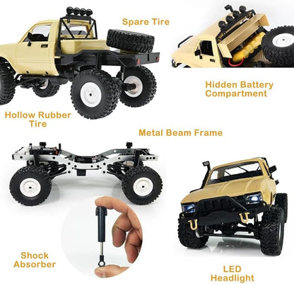 RC Truck 1/16 RC Rock Crawler WPL C14 4x4 RC Semi Truck 2.4GHz Remote Control Car All Terrain Off Road RC Climbing Car with LED Lights and 2 Batteries for Adults (Yellow)