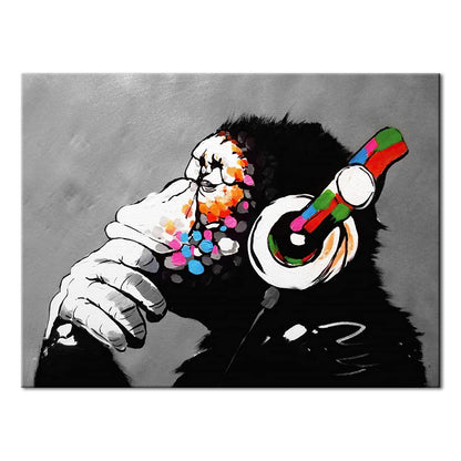 Wieco Art Black Framed Monkey With Headphones Banksy Graffiti Art Abstract Canvas Paintings Prints Animal Canvas Wall Art for Wall Decor and Home decorations Office Decor