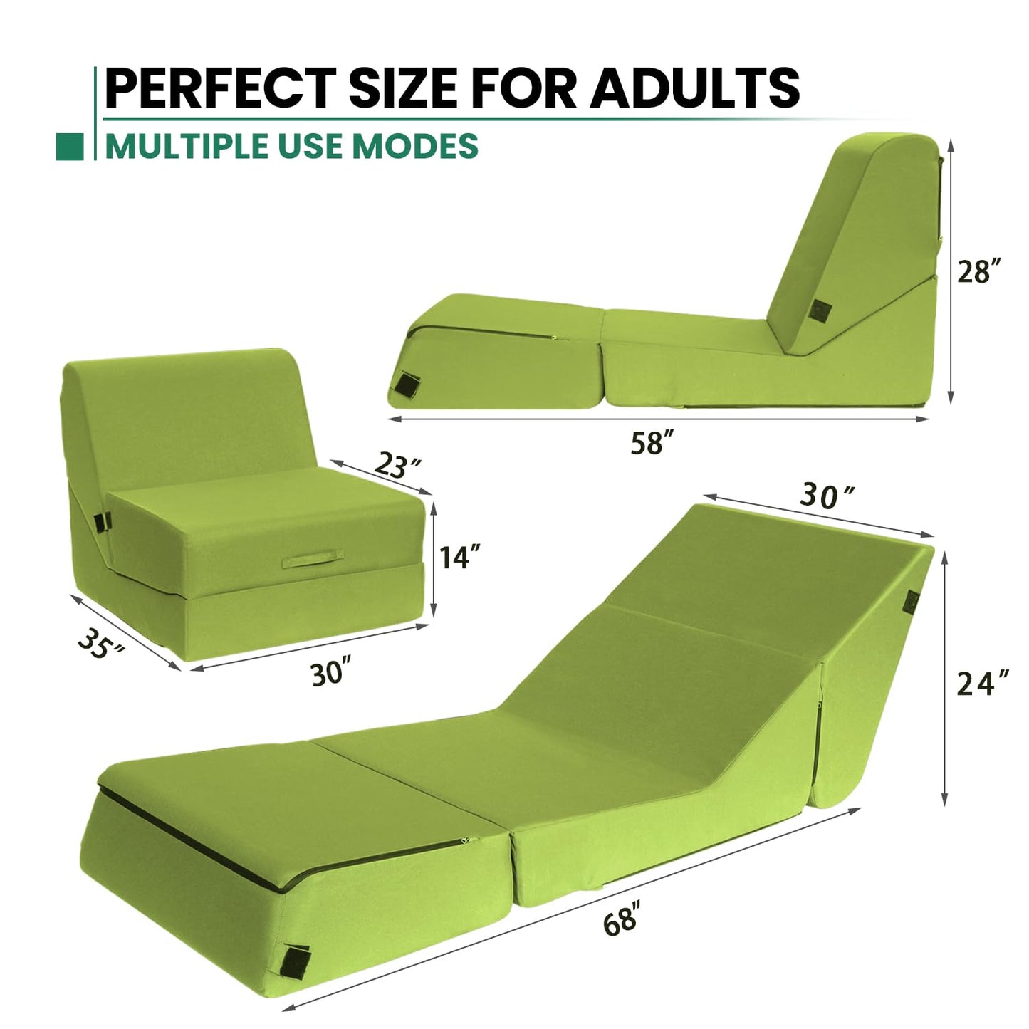 jela Outdoor Sofa, Waterproof Folding Lounge Chair and Sofa, UV Resistant Patio Sofa with Machine Washable Cover, Soft Foam Outdoor Bed Pool Lounge Chaise Chairs (Green)