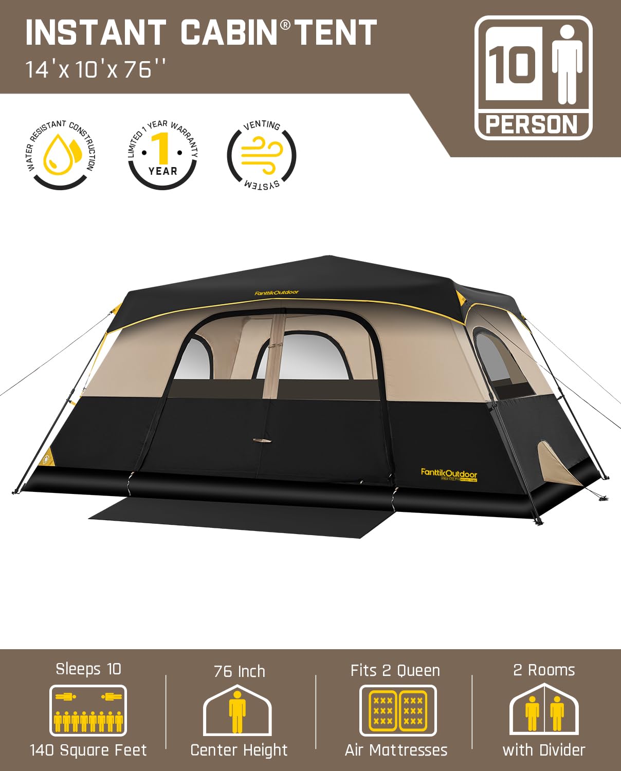 FanttikOutdoor Zeta C10 Pro Camping Tent 10 Person Instant Cabin Tent Setup in 60 Seconds with Rainfly & Windproof Portable with Carry Bag for Family Camping & Hiking, Khaki