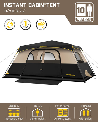 FanttikOutdoor Zeta C10 Pro Camping Tent 10 Person Instant Cabin Tent Setup in 60 Seconds with Rainfly & Windproof Portable with Carry Bag for Family Camping & Hiking, Khaki